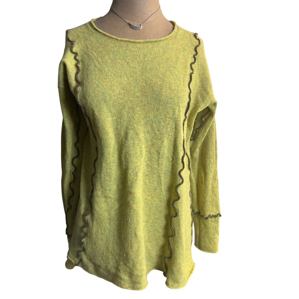 Unique Knit Pullover green‎ Sweater Indie Zigzag Trim Embellished Long Sleeve